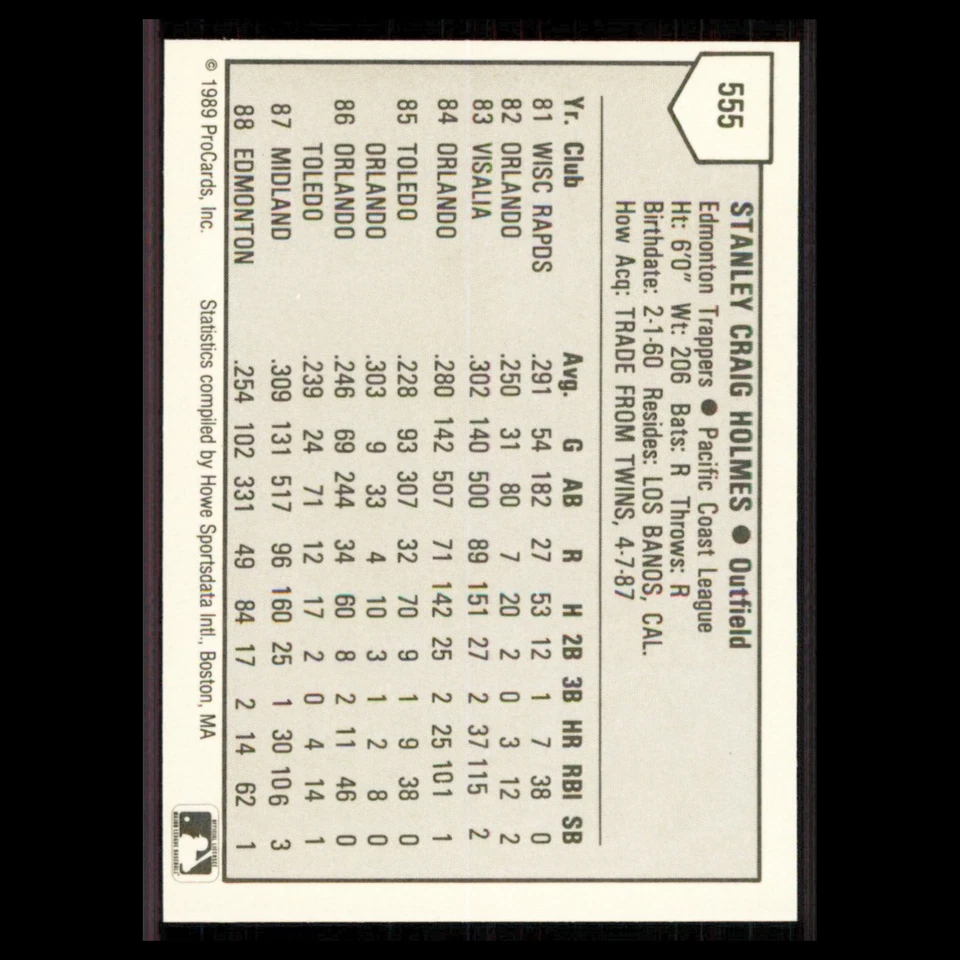 Stan Holmes #555 1989 ProCards Minor League Team Sets Edmonton Trappers Baseball - Image 2 of 3