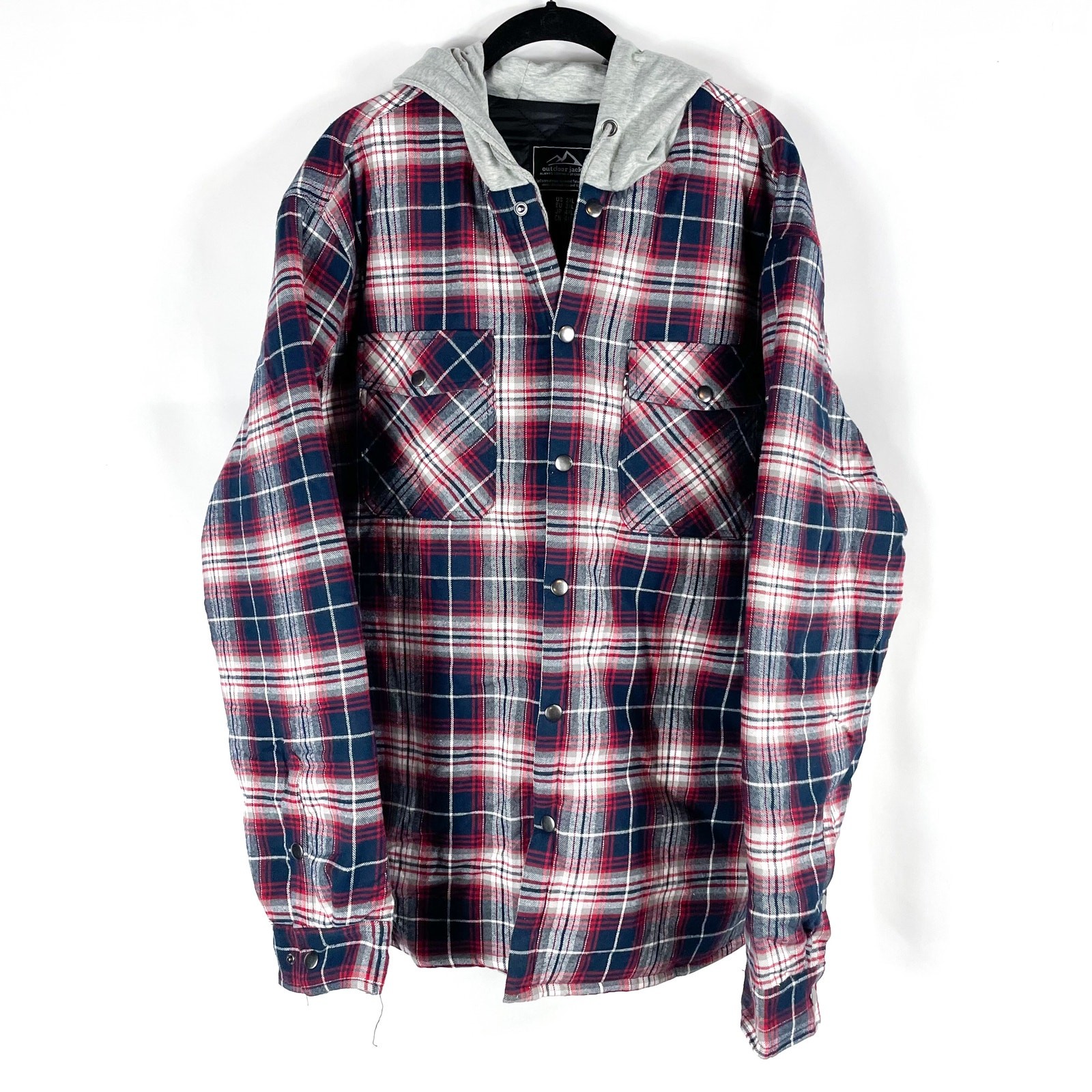 Tacvasen Flannel Jacket Red Blue White Plaid Layered Gray Hood Sz 2XL Men's