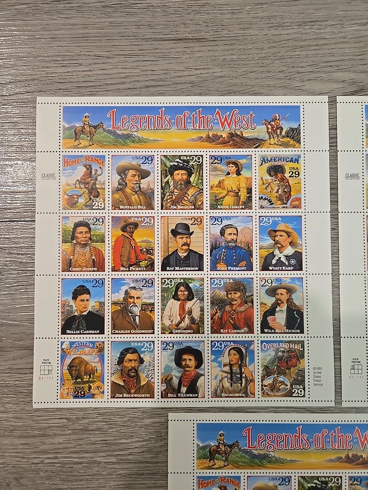 3 USPS 1993 LEGENDS OF THE WEST FULL SHEET 29¢ Stamps BUFFALO BILL  OAKLEY MNH - Image 2 of 4