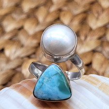 NEW Larimar  Pearl 925 Sterling Silver Adjustable Ring All Size Gift Beach Sea