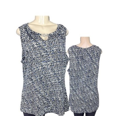 Notations 2X Blue Black Abstract Print Sleeveless Bold 3 Link Chain Scoop Neck