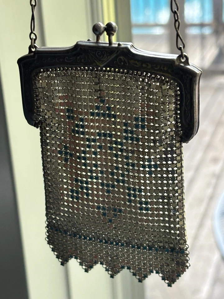 Cartera de noche vintage de los años 20 Whiting & Davis Art Nouveau Deco malla metálica y esmalte Foto 4 de 4