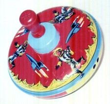 Vintage Space Themed Tin Litho Spinning Top Austronaut Rockets Ohio Art