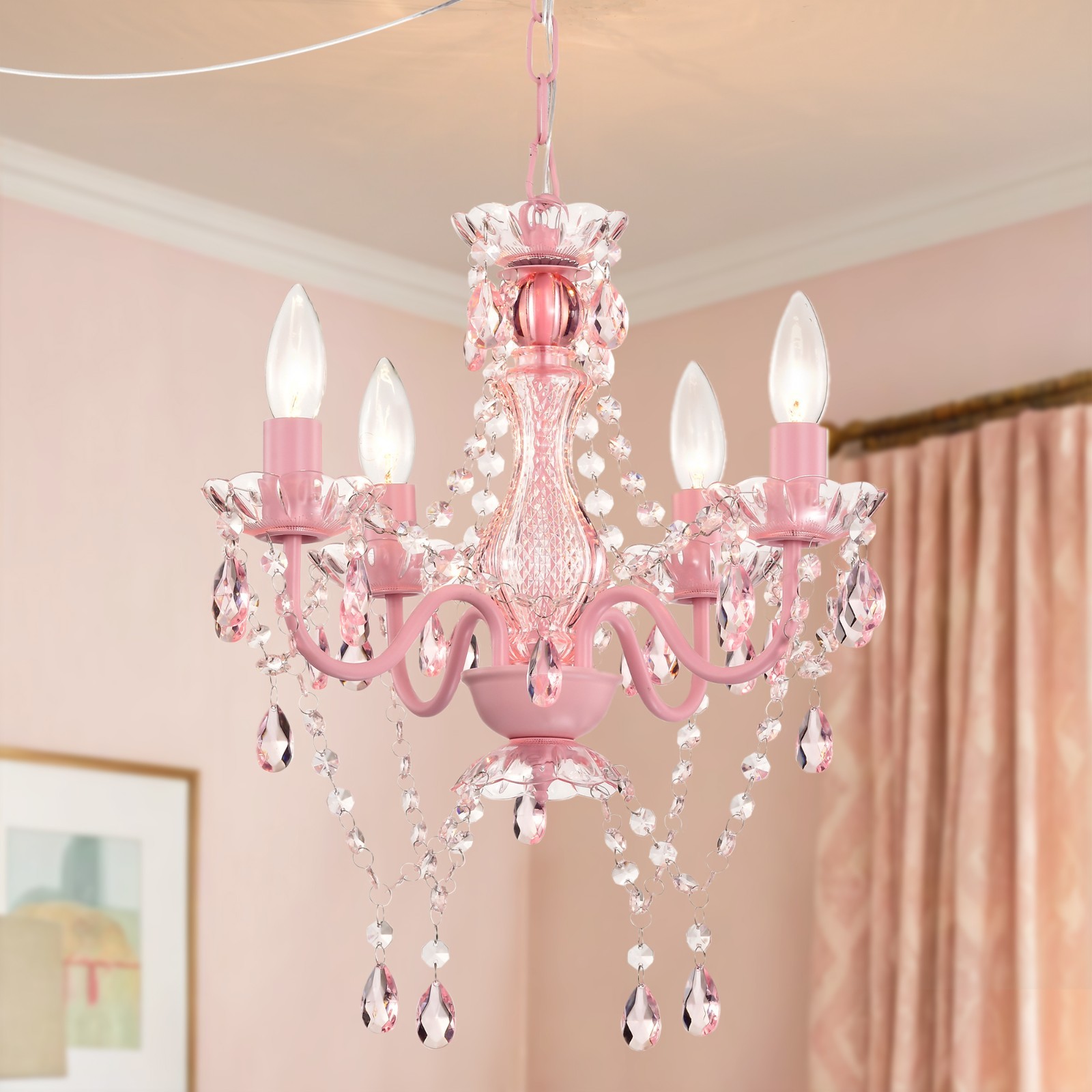 Plug-In Crystal Chandelier Pink 4-Light Mini Ceiling Fixture for Girls Bedroom