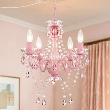 Plug-In Crystal Chandelier Pink 4-Light Mini Ceiling Fixture for Girls Bedroom