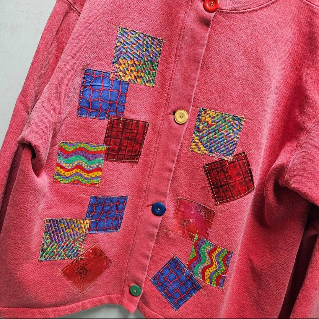 Vintage Grandmacore pink patchwork button up card… - image 3