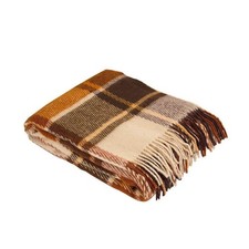 Tartan Throw Blanket 100 Pure Sheep Wool Brown, Beige Cream Couch Throw