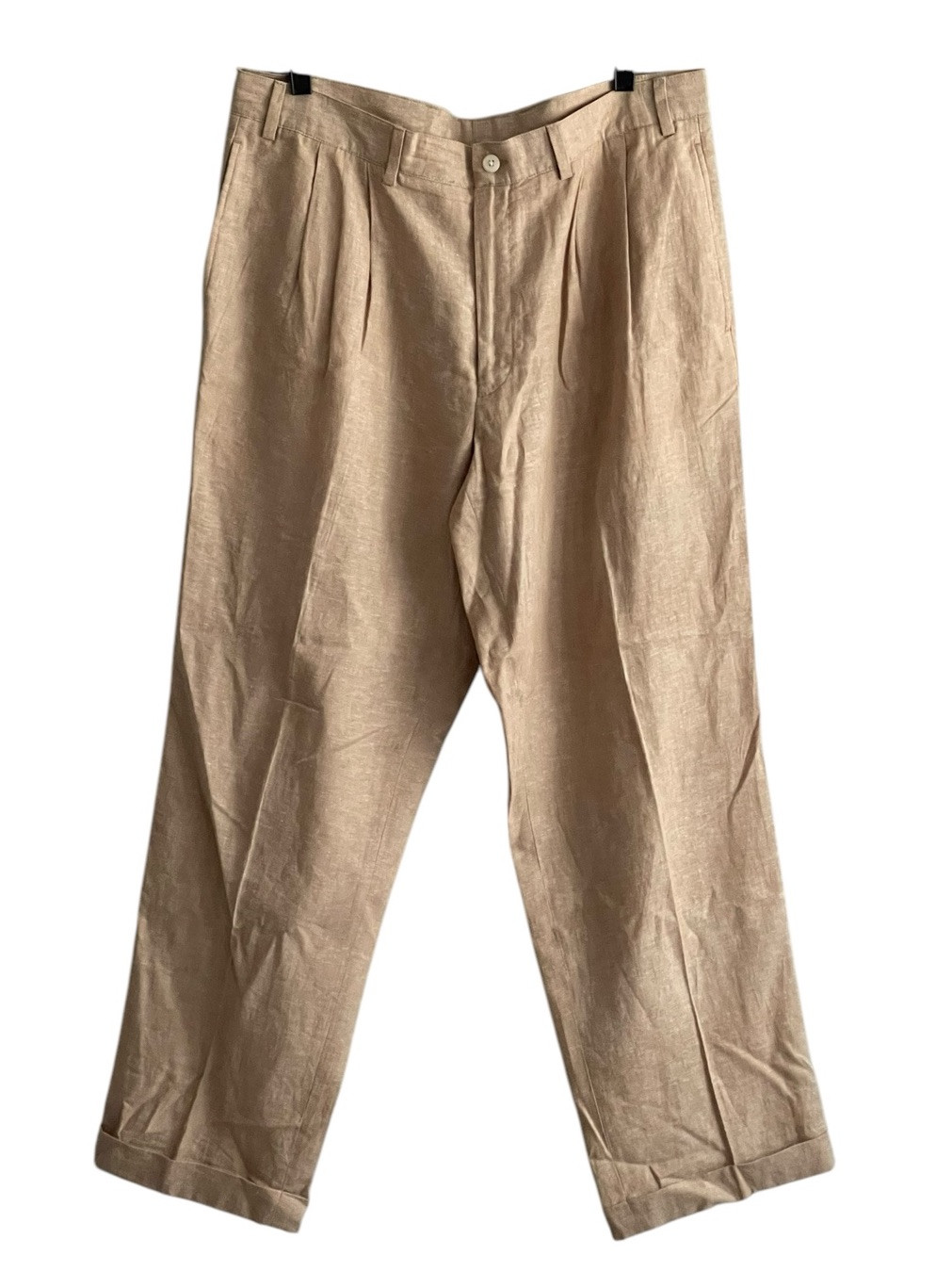 Alan Flusser Mens 36x30 Khaki Linen Pleated Chino Pants Cuffed Casual