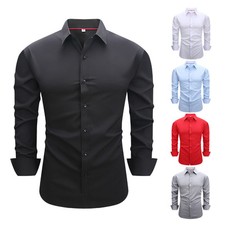 New Mens None Iron Shirts Elastic Long Sleeves Slim Fit Casual Dress Shirts Tops