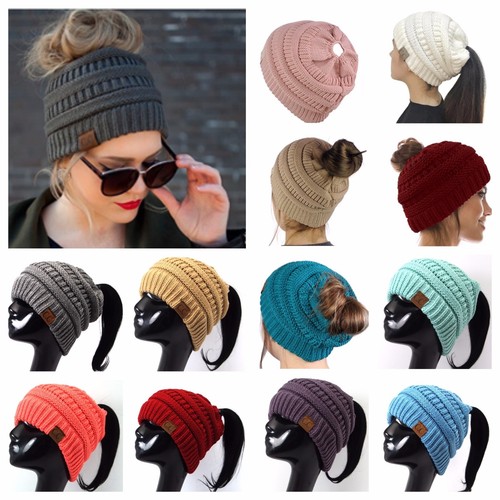 Women Cute Beanie Ponytail Hat Bubble 