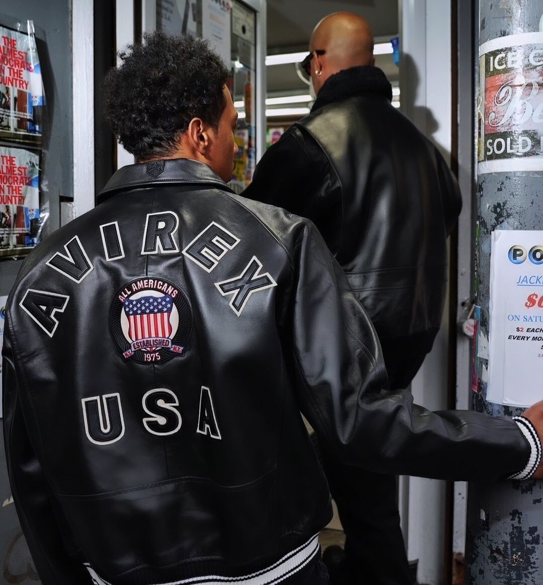Mens Avirex Black Leather Jacket Bomber Jacket Black USA