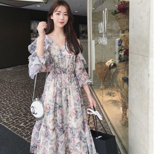 Women's 2021 New Slim Dress Korean Floral Printed Chiffon Dress Large Size  | eBay
