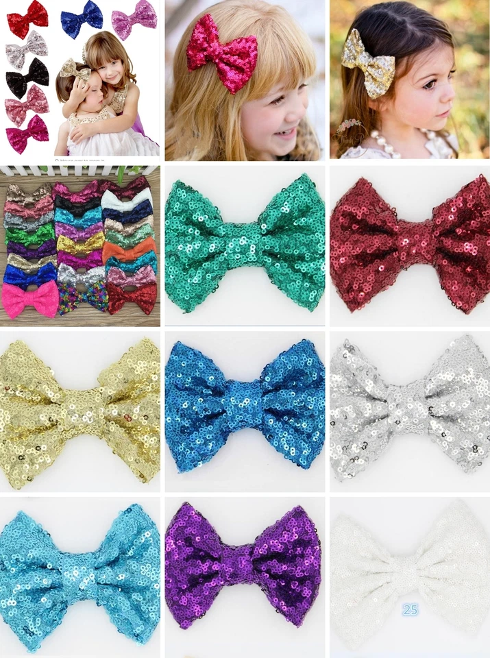 4 Inch Large sequin Glitter Sparkle Novelty Bow Hair Clip Alligator Clips  - Image 2 of 4