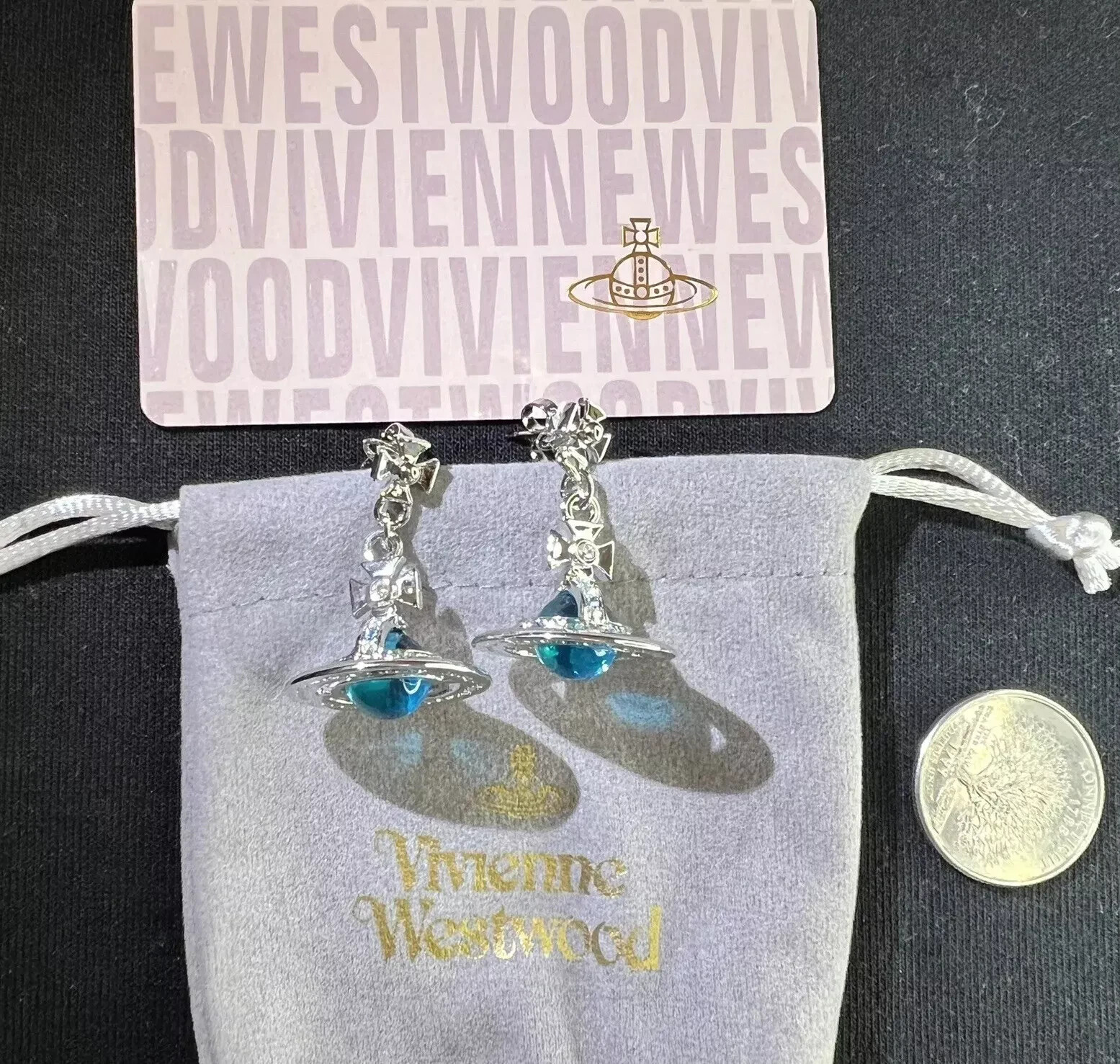 NEW~ Vivienne Westwood Blue Glass 3D orb Saturn Drop earrings New in box B5