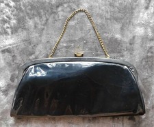 Vintage 1960's Black Patent Leather Clutch Purse Handbag w Brass Chain Clasp