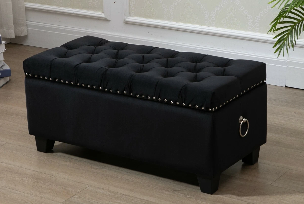 Black Fabric Storage Ottoman Tufted Blanket Box Chest Foot Stool