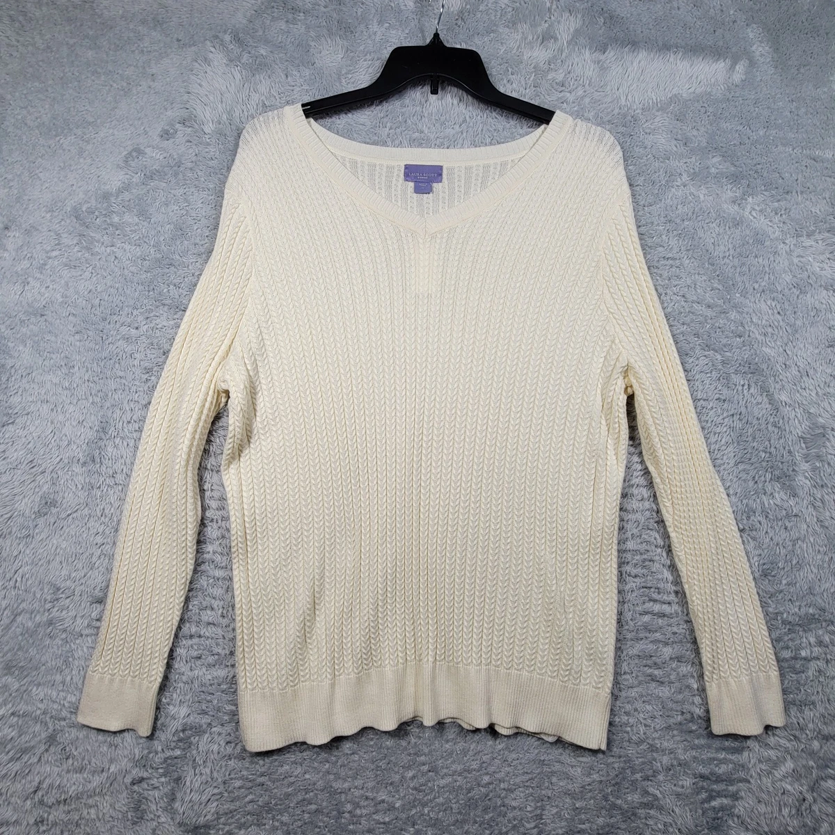 Laura Scott Sweater Womens 3X Ivory Knit Boat V Neck Long Sleeve NWT