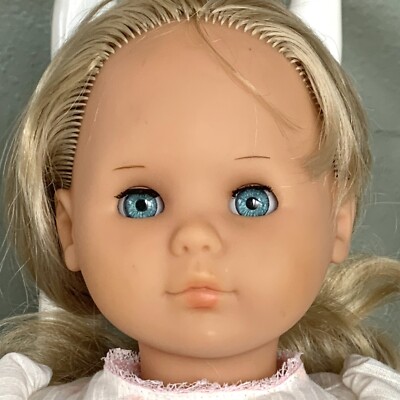 Vintage 1980s Max Zapf Doll 18” Blonde Hair Blue Eyes Pink Floral