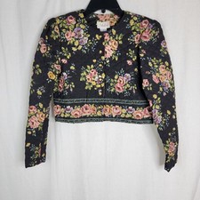 Ambria Womens Size 2 Petite Floral 90s 80s Quilted Cropped Black Vintage Jacket