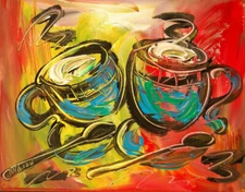 COFFEE CUPS ARTWORK ART canvas painting   Painting NO RESERVE bu8