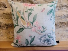 Sanderson Porcelain Garden Linen Birds Fabric & Duck Egg Velvet Cushion Cover A