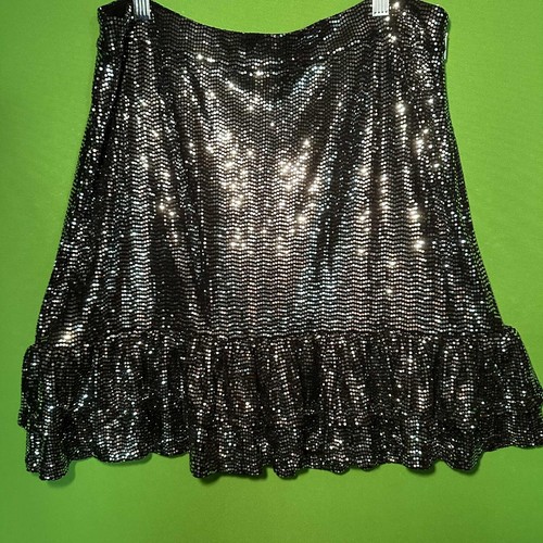 MICHAEL KORS WOMEN SKIRT Size XL STRETCH SPARKLE SILVER BLACK RUFFLE Sequin - Picture 2 of 20