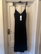 New Zara Black Velvet Camisole Slip Midi Dress, Medium