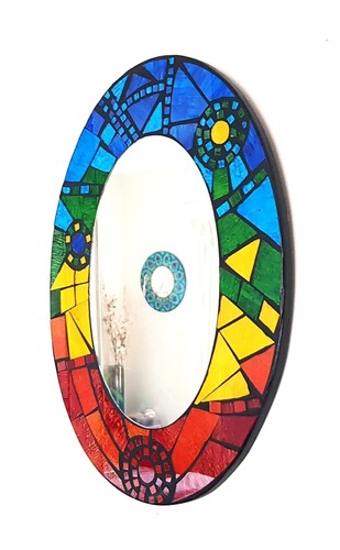 Espejo de Pared Mosaico Ovalado, Diseño Arco Iris Azul Rojo Hecho a Mano en Bali, 41cm NUEVO - Imagen 2 de 6