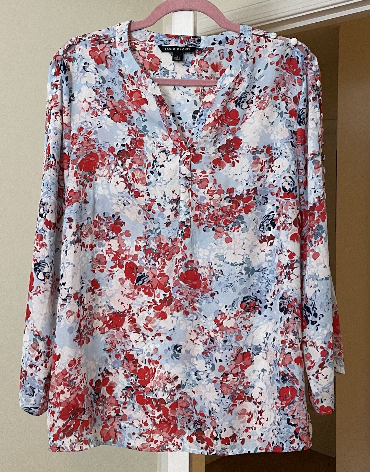 Zac & Rachel Top Artsy Blue Floral Chiffon Button Sleeve Bohemian Women's Large