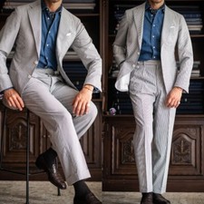 Seersucker Mens' Suits Casual Daily 2Pcs Business Menwear Formal Jacket Blazer
