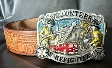 Kat Kuszak Tooled Leather Firefighter Belt + 1986 FD Buckle USA Made