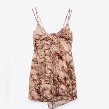 Zara SATIN EFFECT brown multi v-neck Asymmetric hem wrap Short mini dress sizeXS