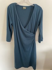 ATHLETA Teal Nylon Stretch Faux Wrap V-neck 3/4 Sleeve Knee Length Dress Small
