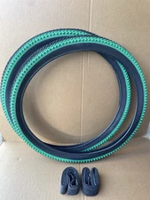 Pair 26 x 2.10 Green Black Mountain Bicycle Knobby Tires + Inner Tubes MTB
