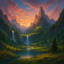Fantasy Landscape Art – AI- Digital Painting | Majestic Mountains & Waterfalls