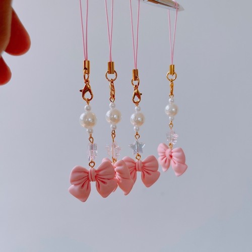 Handmade Pink Bow Charm – Cute Phone Strap / Bag Accessory with Pearl & Star - 第 5/5 張圖片