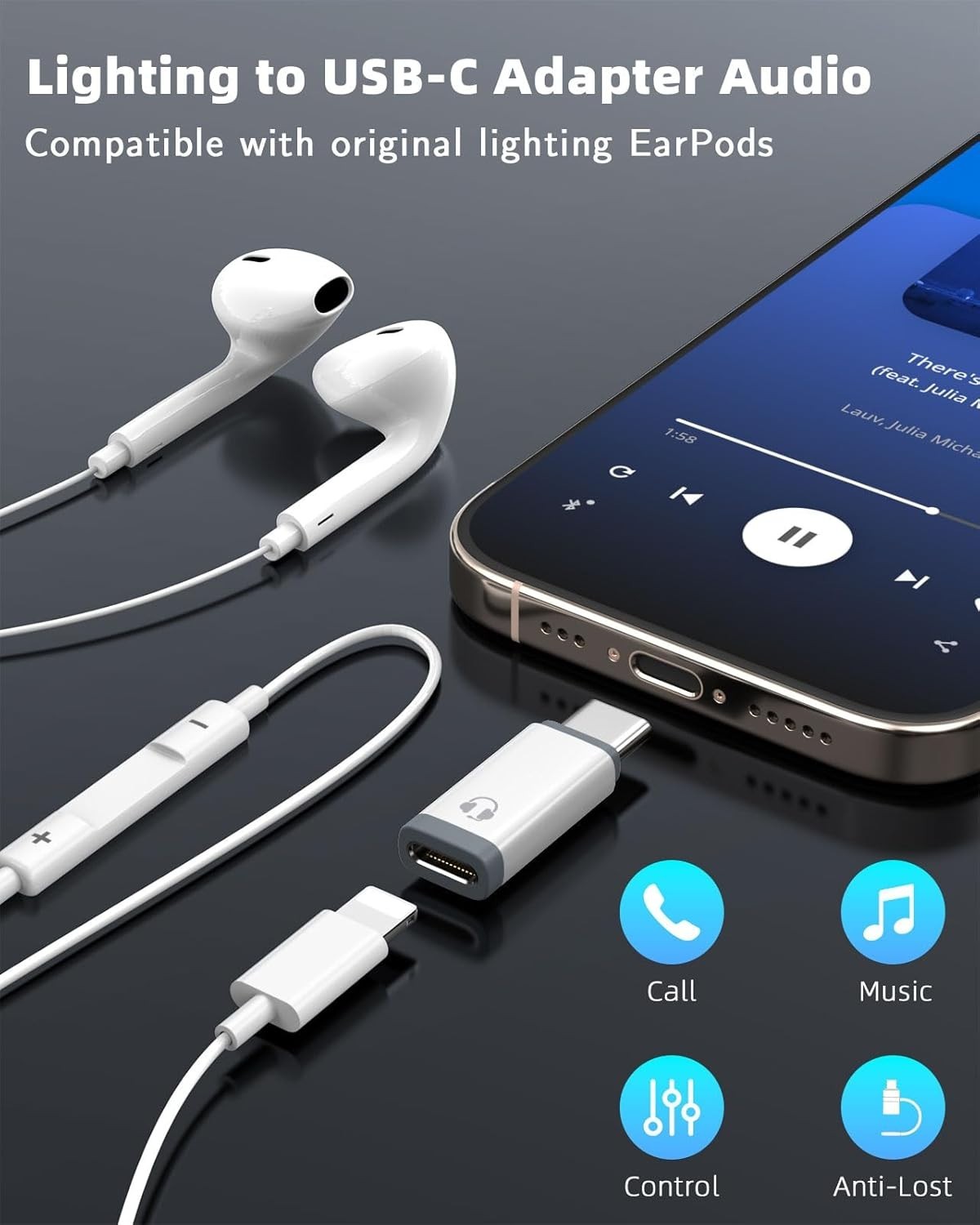 USB C Adapter Audio Only for Apple Earpods with Line Control, Not for Charging/