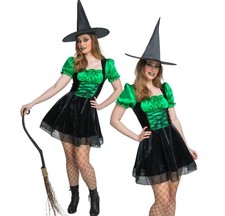Ladies EMERALD WITCH Sexy Halloween Deluxe Costume Fancy Dress UK 10-24 Green