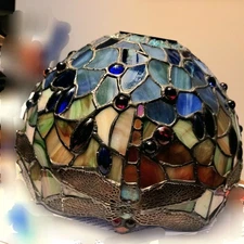 VTG Dale Tiffany/Tiffany Style Dragonfly Stained Beads Glass Round Lamp Shade 