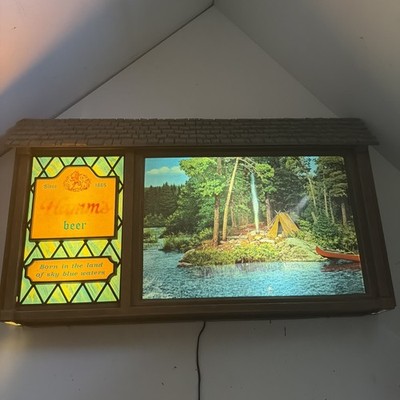 VINTAGE 1960s HAMM'S BEER SCENE-O-RAMA MOTION SIGN,  W/ WATERFALL CAMP CAMPFIRE