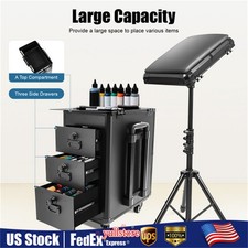 Rolling Tattoo Case Portable Makeup Suitcase w/Tattoo Hand Rest Bracket Black