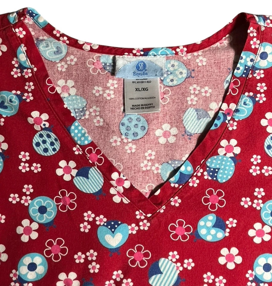 Blusa Médica SB para Mujer XL Roja Ladybugs Bolsillos 100% Algodón Foto 4 de 4