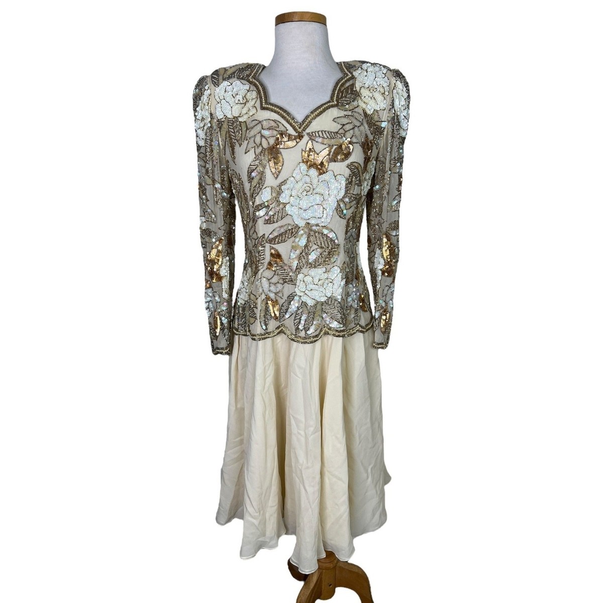 Vintage 80s Sequin Beaded Silk Floral Evening Cocktail Dress Formal Party  Midi 6