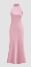 Cider SATIN HALTER NECKLINE BACKLESS MAXI DRESS Pink Size S NWT