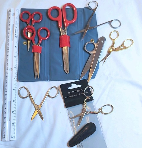 Vintage Sewing Scissors Lot 8 – 2 Gingher Stork Embroidery Shears Red Case