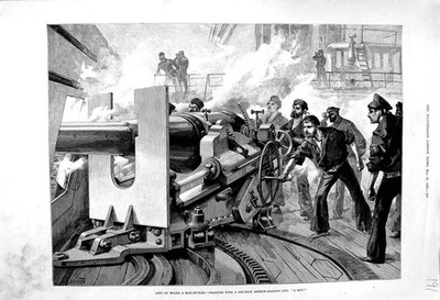 Original alter antiker Druck 1889 Rettungsbrett Kriegsmann Schiffsverschluss-Ladegeschütz