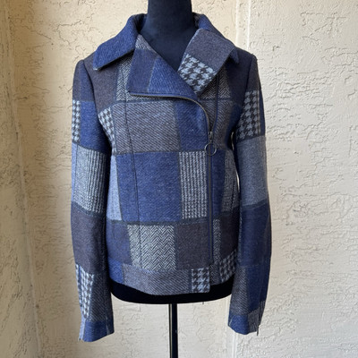 BCBG MAXAZRIA Patchwork Moto Jacket XS Wool Blend Blue Gray Y2K