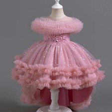 Girl Lace Dress Ruffles Sleeve Christmas Party Gown Kid Trailing Princess Dress