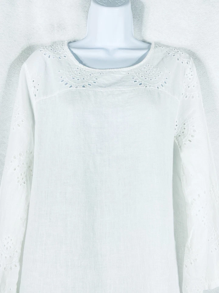 Francesca Bettini Top Women’s Large White Eyelet Long Sleeve Linen Cotton Blend - Image 2 of 4