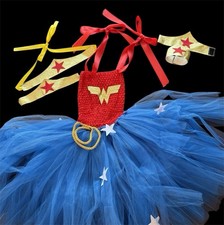 Vestido tutú de lujo para niña Wonder Woman disfraz con diadema y puños grandes